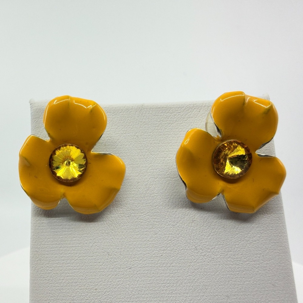 VTG Yellow Enamel Flower Stud Earrings - Boho Cottagecore Festival Gift - Picture 6 of 11